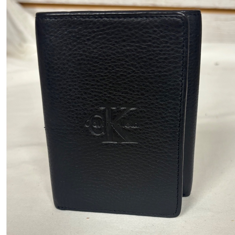 Calvin Klein Mens Black Pebbled Leather Trifold Wallet Embossed CK Logo